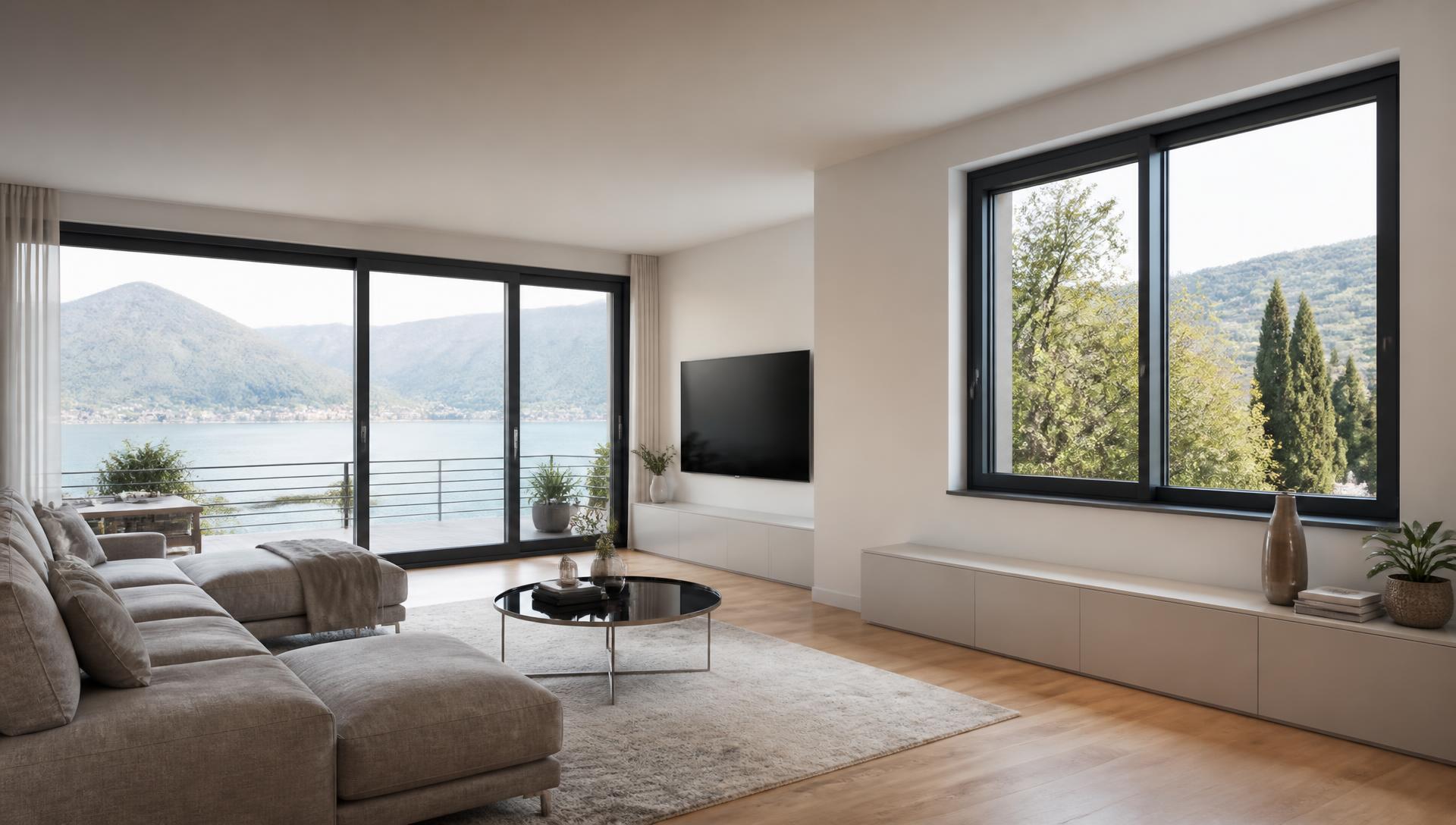 Finestre moderne con telaio in alluminio antracite in un soggiorno luminoso